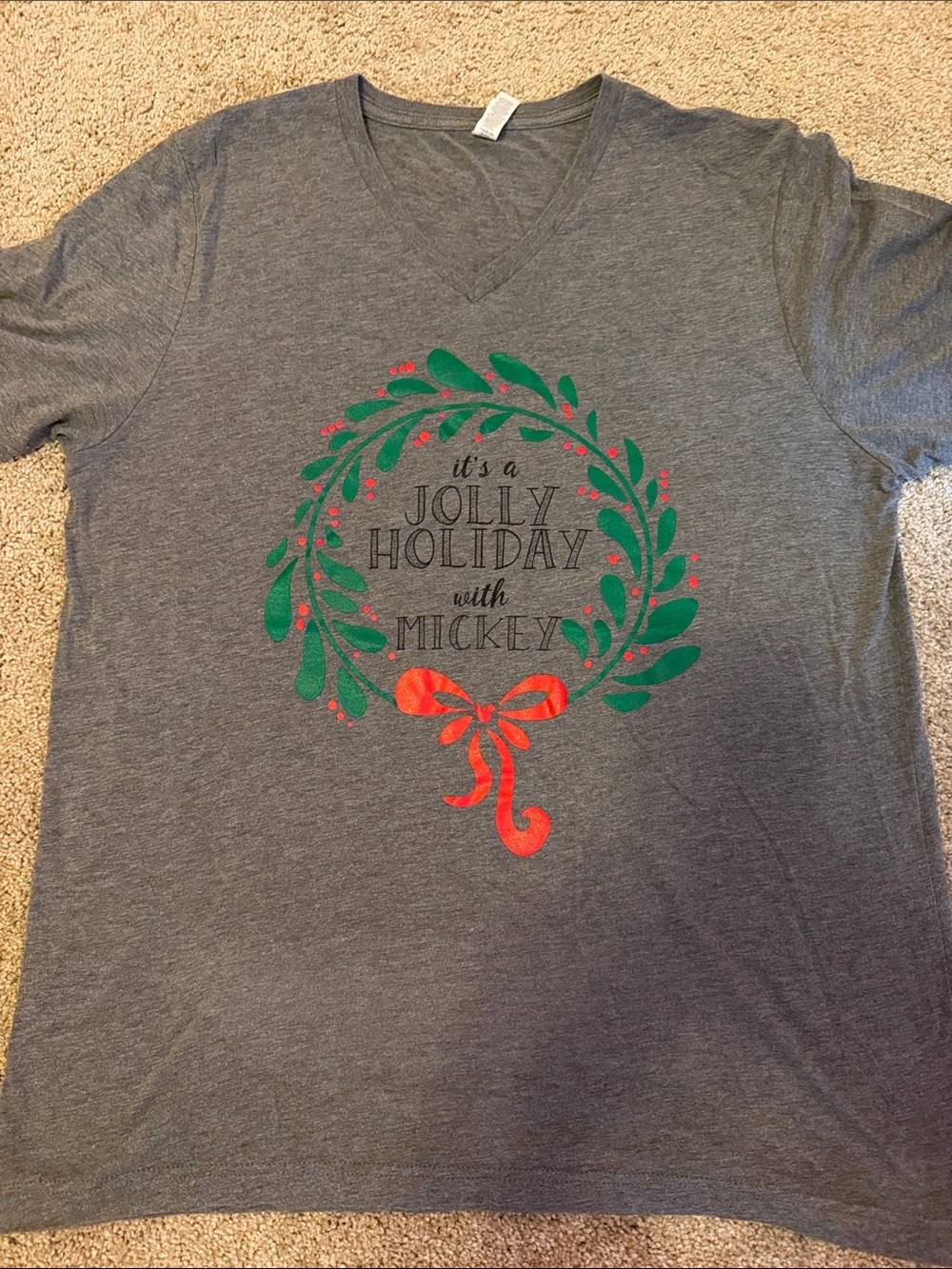 Disney Gray Tee with Green Wreath and Red Bow